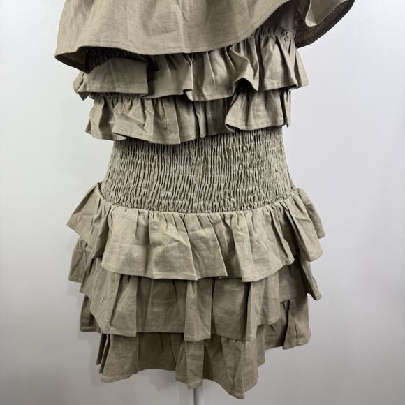 Tularosa Rory Linen Blend Mini Dress Medium Ruffled Smocked Backless Tie Neck - Picture 4 of 15